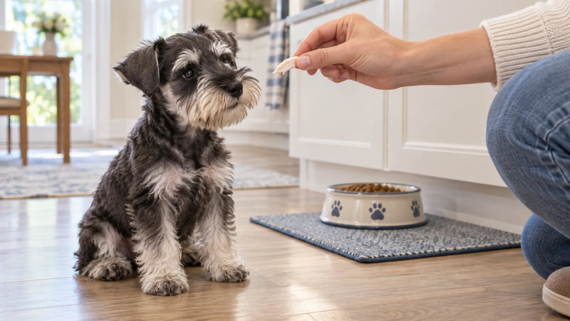 Miniature schnauzer puppy offered one tiny piece of plain cooked chicken beside its regular food