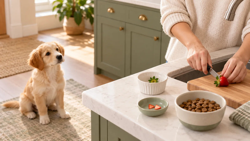 Puppy watching as a caregiver hulls a washed strawberry before cutting two tiny pieces