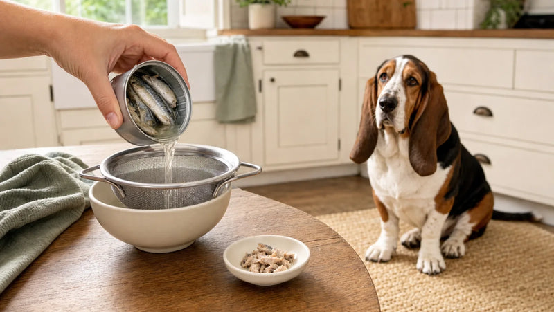 Tricolor Basset Hound watching plain water-packed sardines being drained