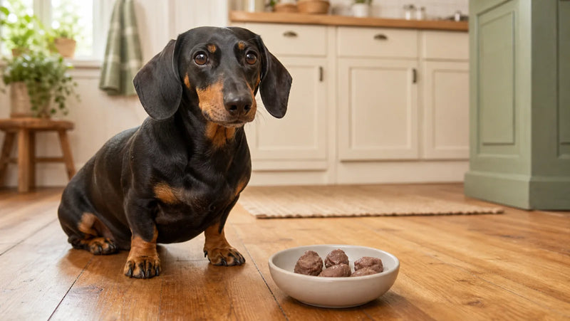 Dachshund waiting beside a bowl of plain cooked chicken gizzards