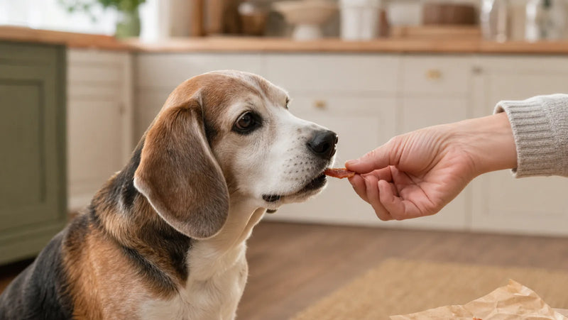 Gray-muzzled senior beagle receiving a small soft chicken jerky piece