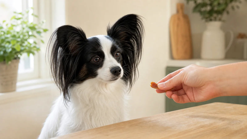 Black-and-white Papillon being offered a small chicken jerky piece