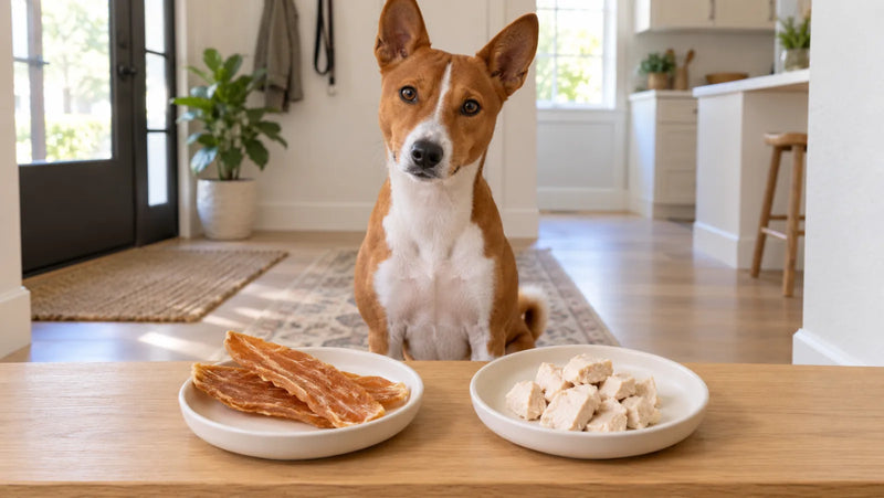 Basenji comparing whole-cut chicken jerky with plain cooked chicken pieces