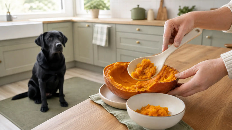 Black Labrador watching plain roasted pumpkin being scooped into a bowl