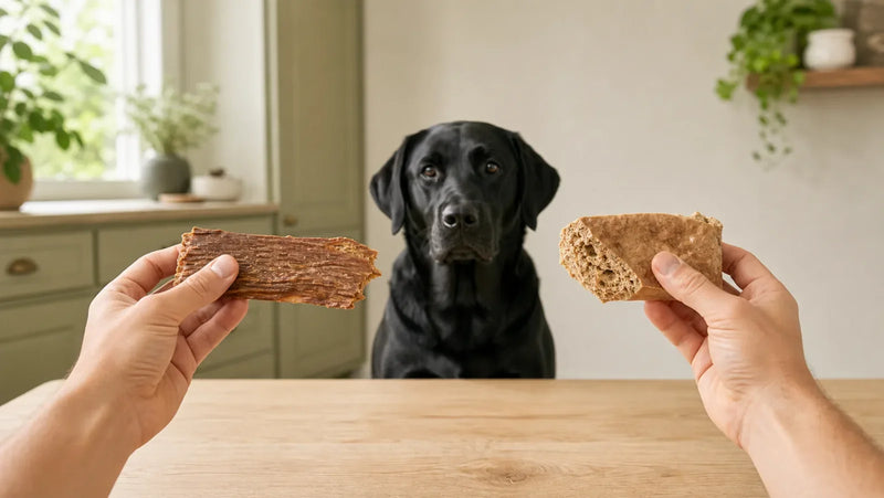 Black Labrador waiting while an owner compares a dense dehydrated chew with a porous freeze-dried piece
