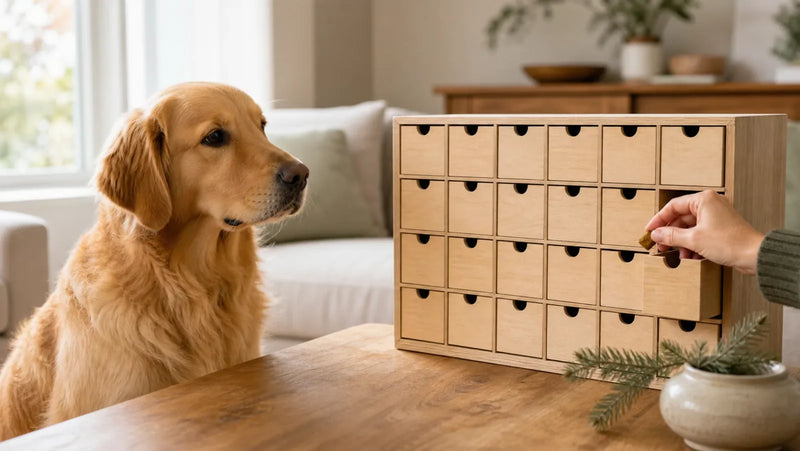 Golden Retriever waiting as one tiny treat is served from a secure 24-compartment dog advent calendar