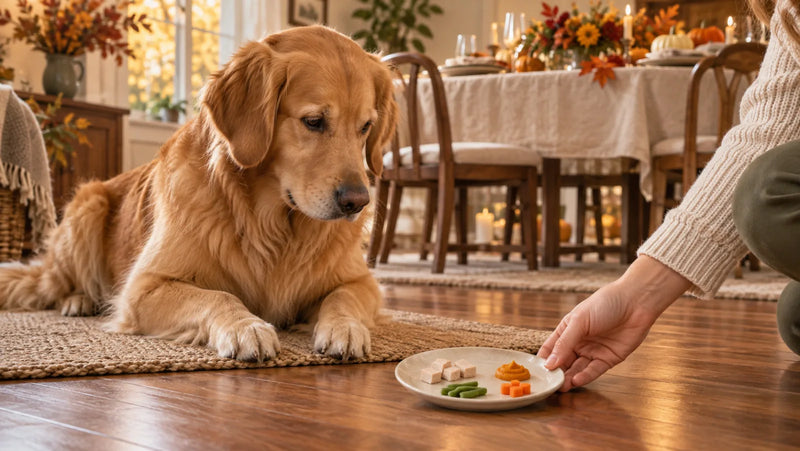 Dog waiting on a mat for a small Thanksgiving plate of plain turkey, pumpkin, green beans, and carrots