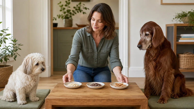Small Havanese and senior Irish Setter beside treat formats chosen for size and age