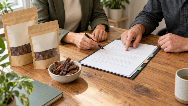 Buyers reviewing a dog-treat co-packing agreement beside sealed sample pouches