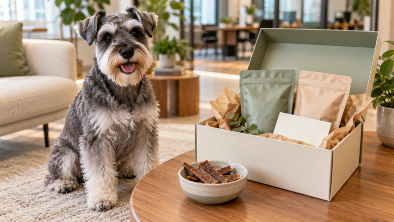 Miniature schnauzer beside an open corporate gift box with sealed dog-treat pouches