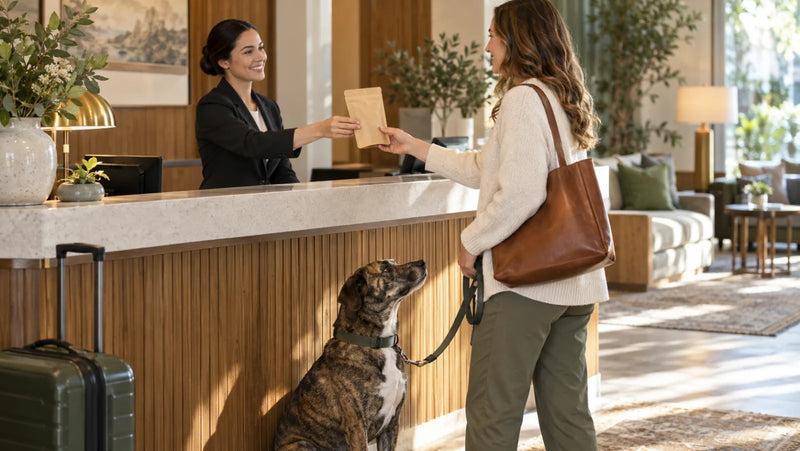 Hotel employee offering a sealed dog treat welcome pouch to a guest with a mixed-breed dog
