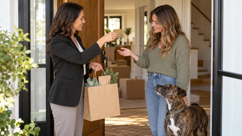 Realtor handing keys and an unbranded dog-treat welcome bag to a new homeowner with a brindle dog