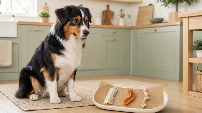 Australian Shepherd beside three types of dried fish-skin dog treats