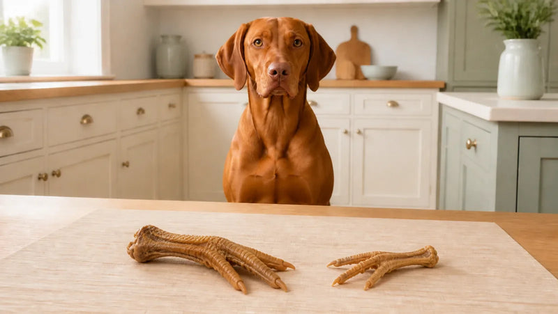 Vizsla sitting behind a larger dehydrated duck foot and a smaller chicken foot