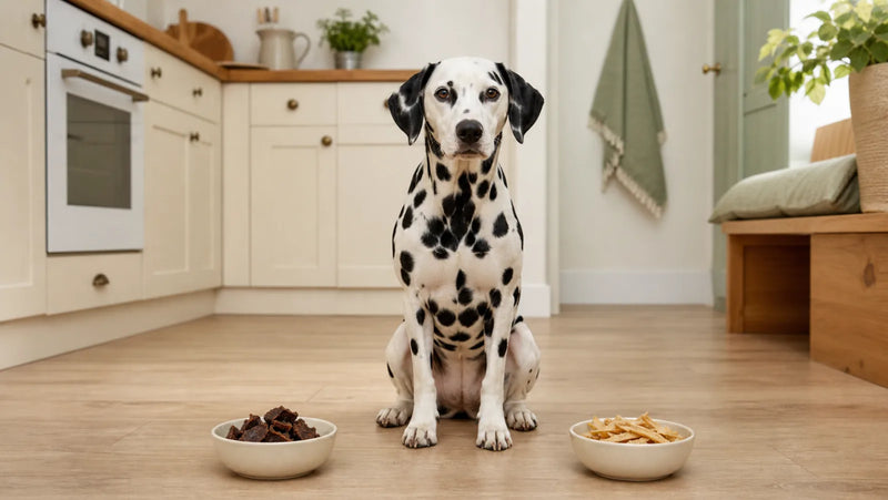 Dalmatian seated between separate bowls of duck-style bites and chicken strips