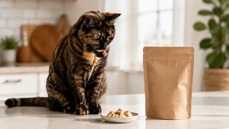 Adult tortoiseshell cat beside a small dish of freeze-dried chicken treats and a sealed plain pouch