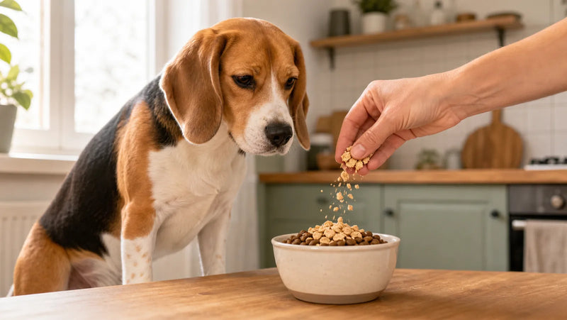 Beagle watching freeze-dried chicken topper sprinkled over a bowl of kibble