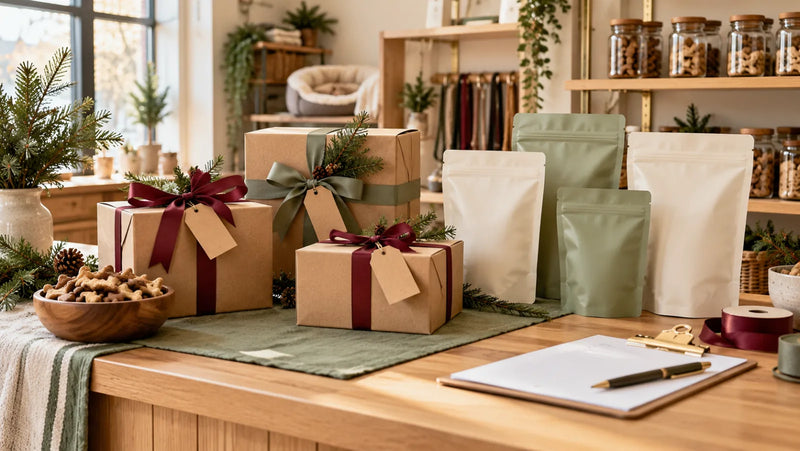 Retail holiday dog-treat gift display with kraft boxes and blank cream and sage pouches