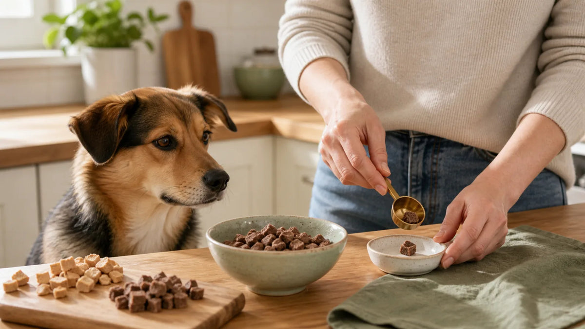 Pet parent measuring a small daily portion of dog treats in a bright kitchen