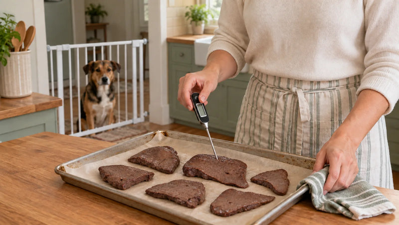 Cook checking plain beef liver with a food thermometer while a dog waits behind a gate