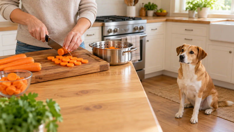 Mixed-breed dog waiting safely while plain carrot coins are prepared beside a kitchen steamer
