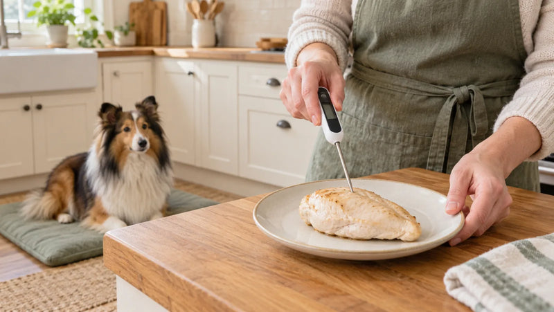 Cook checking plain chicken breast with a food thermometer while a Shetland sheepdog waits nearby