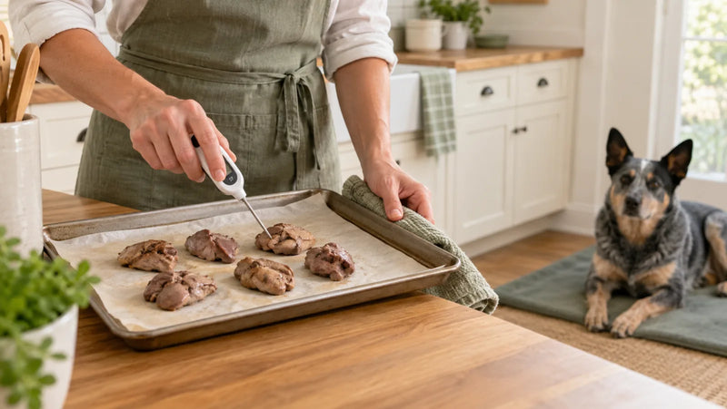 Cook checking plain chicken liver with a food thermometer while a blue heeler waits nearby