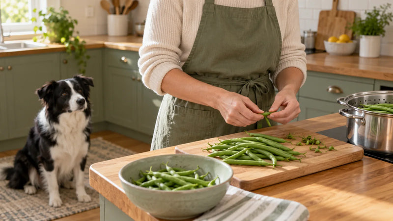 Plain green beans being prepared beside a steamer while a Border Collie waits away from the counter