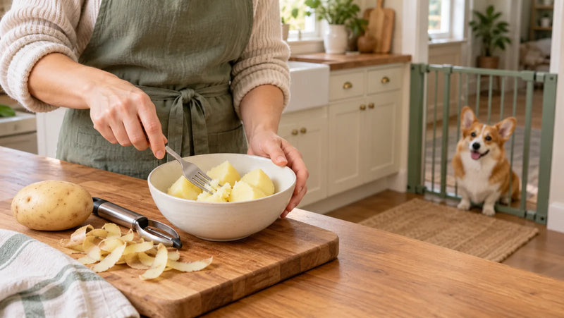 Cook checking plain fork-soft potato pieces while a corgi waits behind a kitchen gate
