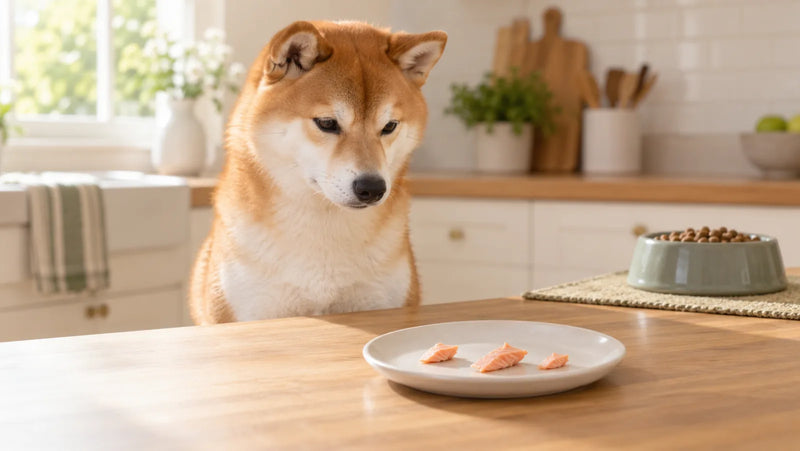 Shiba Inu waiting behind three tiny flakes of plain cooked boneless salmon