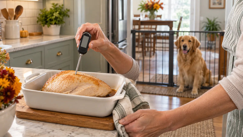 Cook checking a separate plain turkey breast while a golden retriever waits outside the kitchen