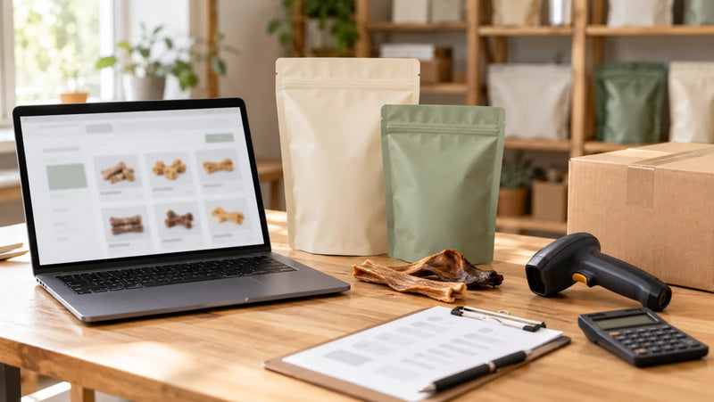 Dog-treat wholesale line-sheet workspace with blank pouches, calculator, scanner and carton