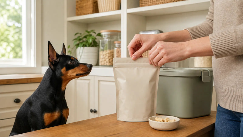 Miniature pinscher beside a resealable pouch of freeze-dried dog treats in a dry pantry
