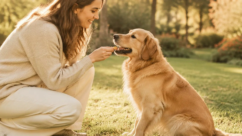 Dog being rewarded during a calm feeding routine outdoors