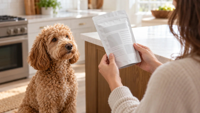 Dog owner reviewing the back of an unbranded treat pouch beside an attentive poodle mix