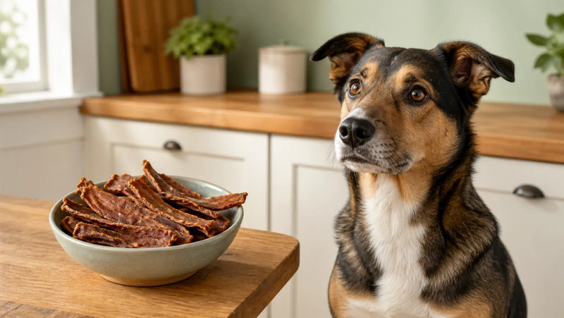 Mixed-breed dog beside whole-cut made-in-USA chicken jerky in a bright kitchen