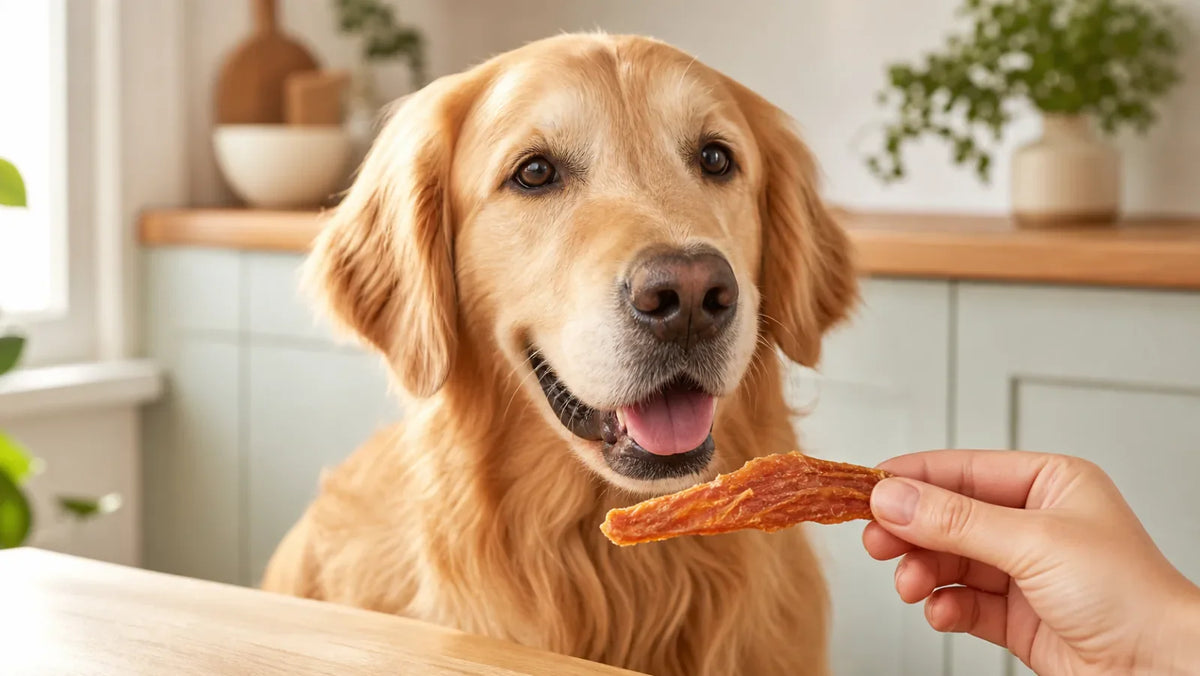 Happy dog being offered a whole-cut chicken jerky strip in a clean kitchen