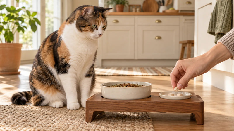 Adult calico cat beside a complete meal and a small saucer of freeze-dried chicken crumbs