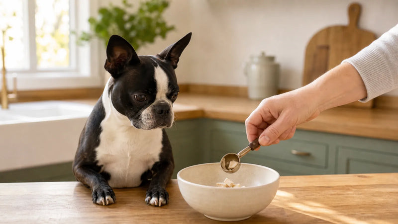 Boston terrier watching a small measured portion of freeze-dried chicken treats