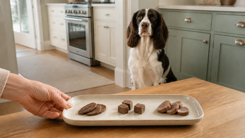 English Springer Spaniel waiting behind small cooked liver, heart, and gizzard portions