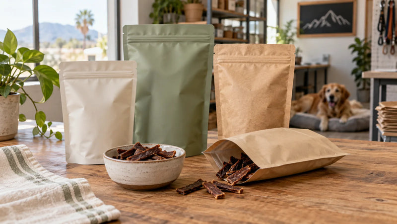 Unbranded private-label dog-treat pouches being compared for size, format and fill fit