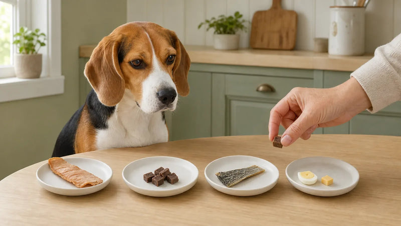 Tricolor Beagle waiting while several plainly prepared dog treat protein sources are compared
