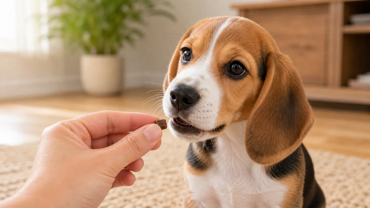 Beagle puppy taking a small soft training treat from a hand