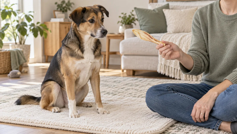 Handler inspecting an intact rabbit-ear chew while a seated dog waits under supervision