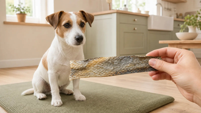 Jack Russell Terrier watching a broad dried salmon-skin treat being checked