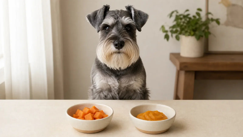 Miniature Schnauzer sitting behind separate bowls of cooked sweet potato and plain pumpkin