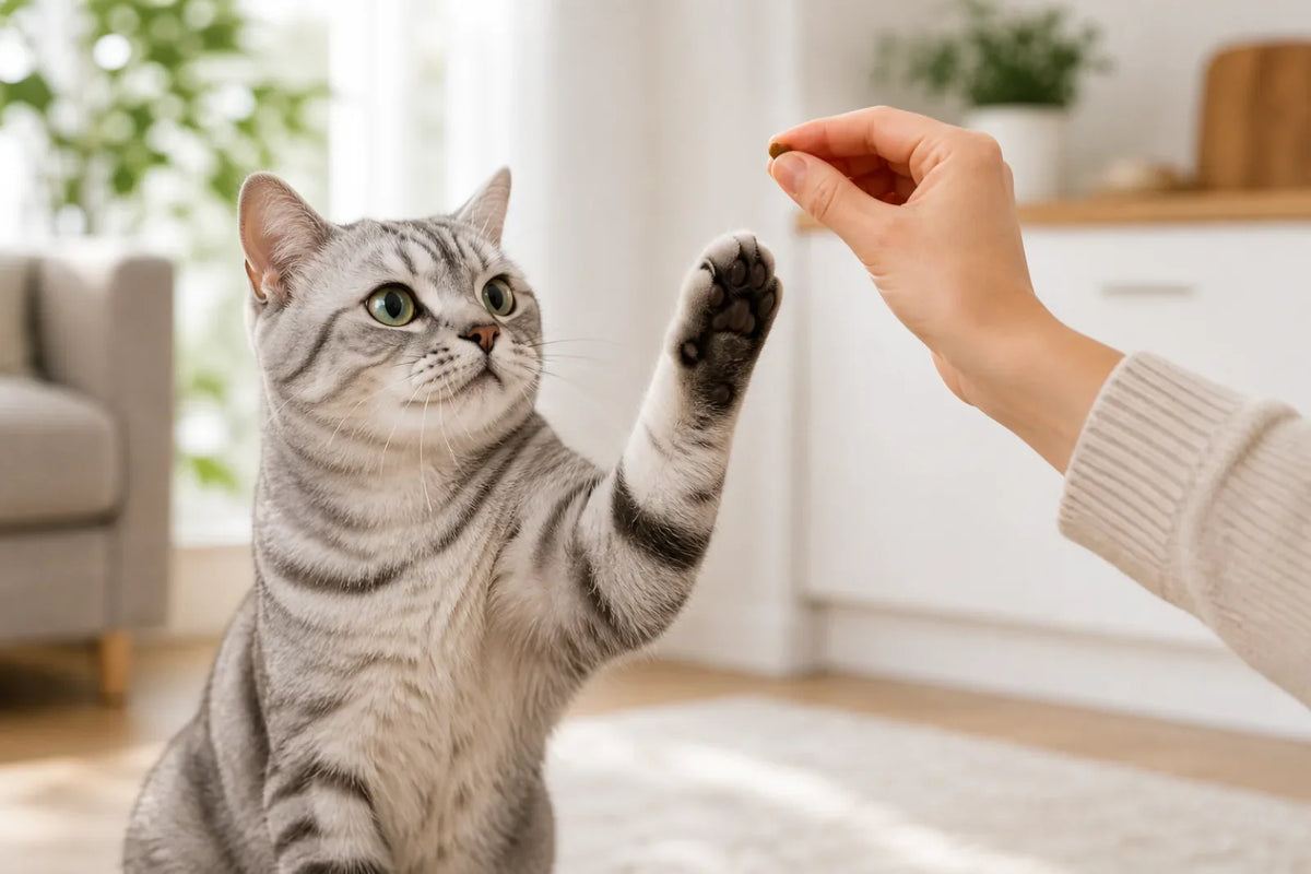A gray tabby cat giving a high-five for a tiny treat in a bright home