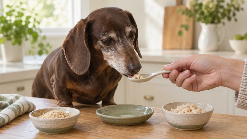 Gray-muzzled dachshund lapping a small softened chicken treat portion from a shallow spoon