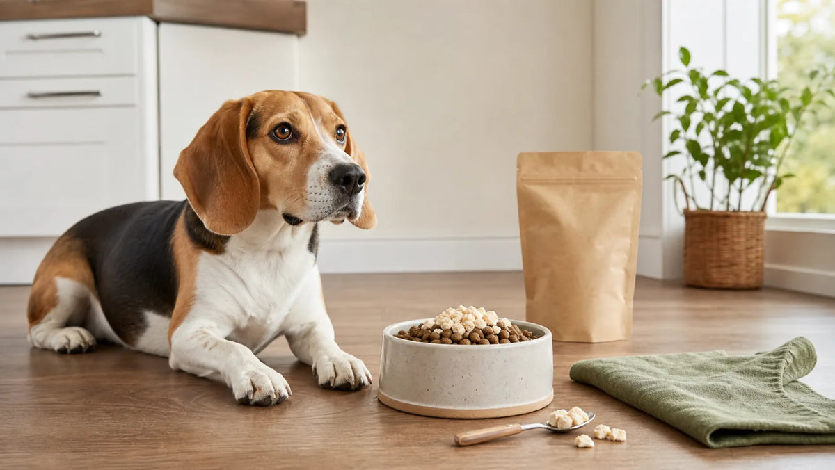 Dog bowl with kibble and chicken meal topper beside an attentive beagle