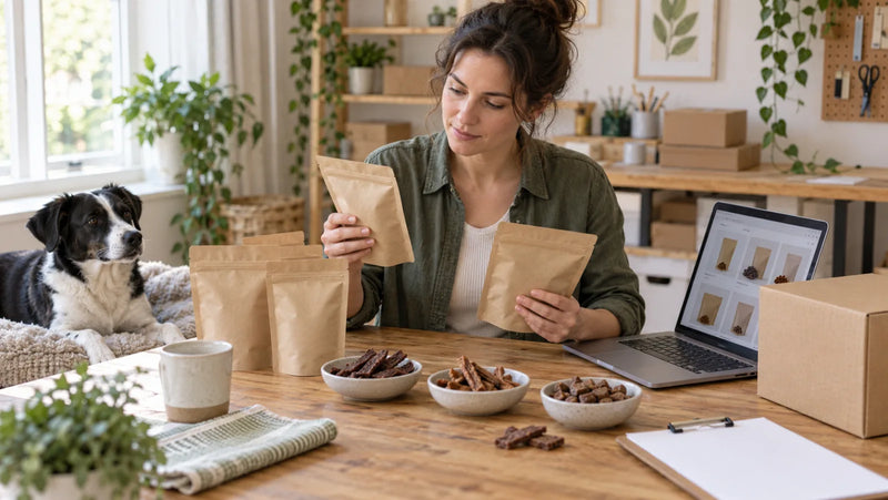 Amazon seller reviewing blank dog treat pouches, product samples, and shipping plans